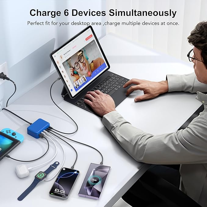 USB C Fast Charger, 100W GaN 6 Port Type C Charging Station Hub Block Cube, USB C Wall Charger Power Strip Adapter Plug for iPad iPhone 16 15 14 13 12 Pro Max Pixel Note Galaxy, 5ft Cord