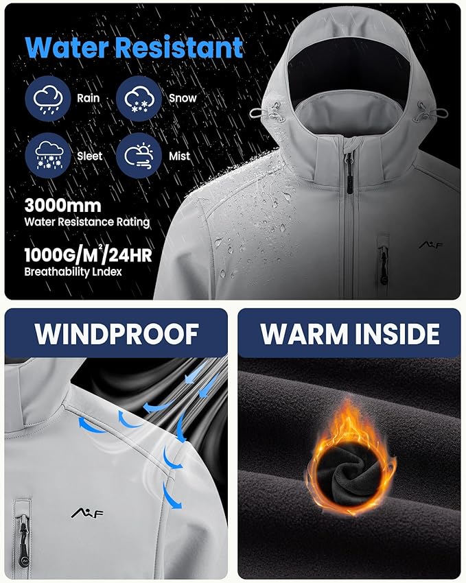 WULFUL Men's Softshell Jacket Waterproof Lightweight Insulated Windbreaker Fleece Lined Rain Shell Jacket for Hiking Travel