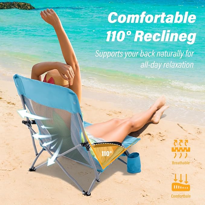 Homcosan Portable Low Folding Beach Chairs Set of 2 - Lightweight Camping Chairs for Adults with Cup Holder & Storage Pockets, Carry Bag Included (Blue)