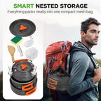 NutriChef Camping Cookware Set - Lightweight Nonstick Pots, Pans, Utensils, Bowls, Cutlery, and Cleaning Tools with Mesh Bag, Foldable Handles, Compact Outdoor Cooking Gear for Hiking & Travel (Grey)