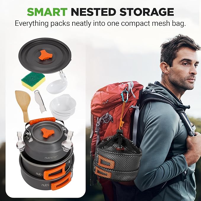 NutriChef Camping Cookware Set - Lightweight Nonstick Pots, Pans, Utensils, Bowls, Cutlery, and Cleaning Tools with Mesh Bag, Foldable Handles, Compact Outdoor Cooking Gear for Hiking & Travel (Grey)