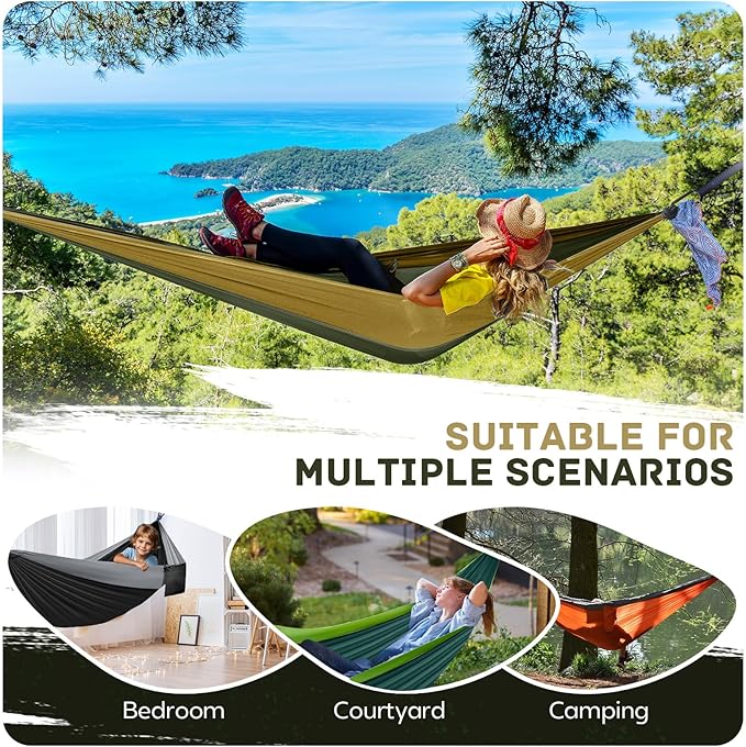 Camping Hammock Lightweight, Portable Hammocks Parachute Hammock with Two Tree Straps, Single or Double Travel Swing Nylon Camp Hammocks, Outdoor Essentials for Beach Backpacking Hiking, Orange