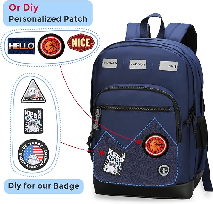 Swissdigital Design Big Student Laptop Backpack with Fun Personalized Patches For College Men & Women, Middle High School Teen Bookbag Cool Travel Daypack Blue -Includes 3 Patches | SD1718-12