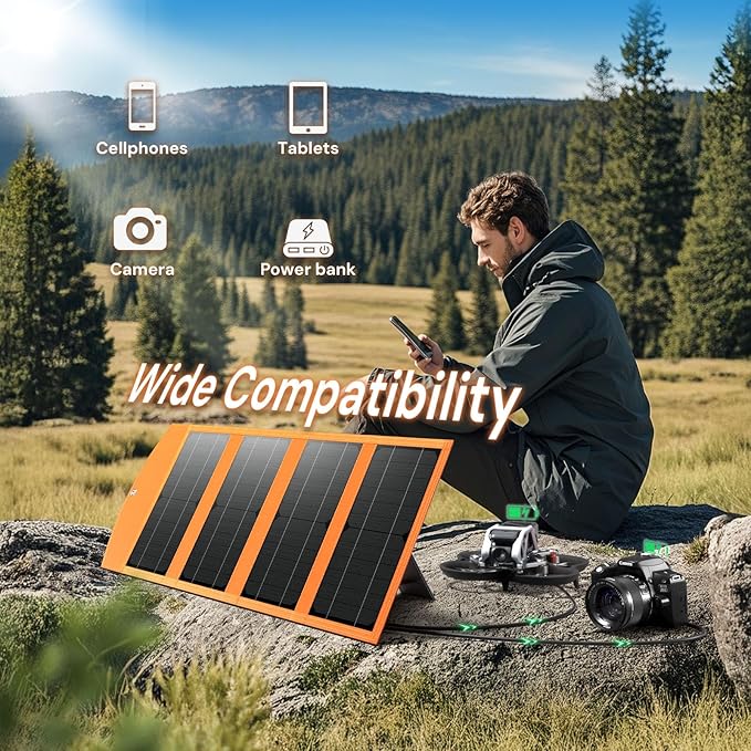 30W Portable Solar Panel Charger with USB and Type-C Outputs(5V/3A Max) for Phones, Power Banks, Tablets, Fast Charges 2 Devices at Once, IP67 Waterproof for Camping, Hiking, and Outdoor Activities