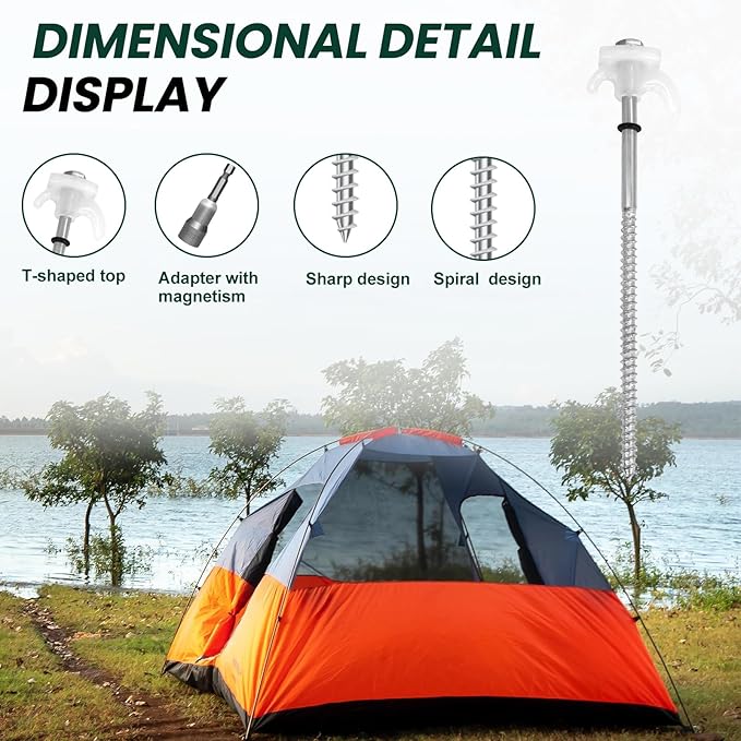 12 Pack 8" Screw in Tent Stakes Heavy Duty- Ground Anchors Screw- Tent Pegs Camping Stakes- Hex Pegs Drillable Tent Stakes and Hexagon Head Drive and Storage Box (White)