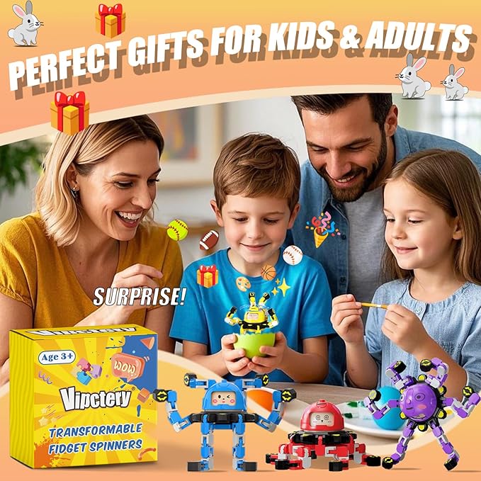 12Pcs Transformable Fidget Spinners for Kids Fidget Toys Teens Adults Sensory Toys with Autism ADHD Party Favors Travel Activities Easter Basket Stuffers Gifts for Kids Boys Girls