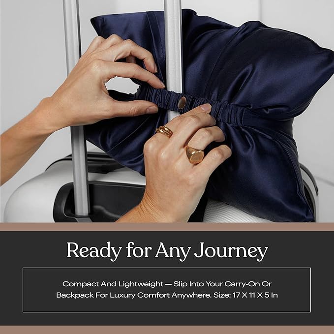 Lunya Washable Silk Travel Pillow – Soft Mulberry Silk Neck Pillow with Zipper Pillow Insert, Adjustable Fill, and Snap Straps – Travel Essential for Plane, Car, or Home - Waning Night - One Size