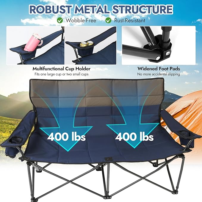 Oversized Double Camping Chairs, Folding Outdoor Chairs with Padded Roll Tote, Heavy Duty Camping Chair for Beach, Lawn, Fishing, and Sports (Blue+Gray)