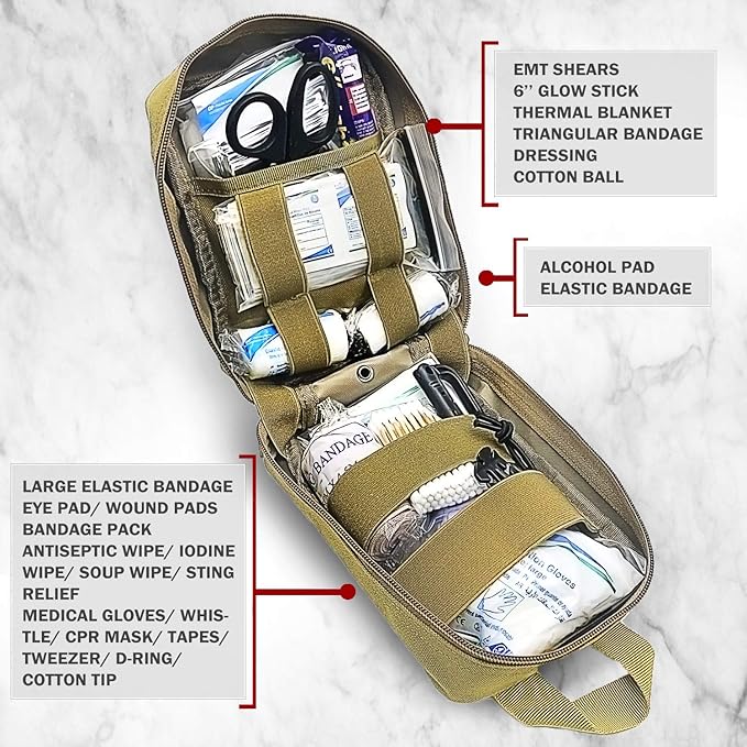 200 Pieces First Aid Kit IFAK Survival Kit Molle System Compatible Pouch, Emergency Kit Gift for Men, Dad, Husband, for Outdoor, Camping, Hunting, Hiking, Home, Earthquake, Disasters Tan