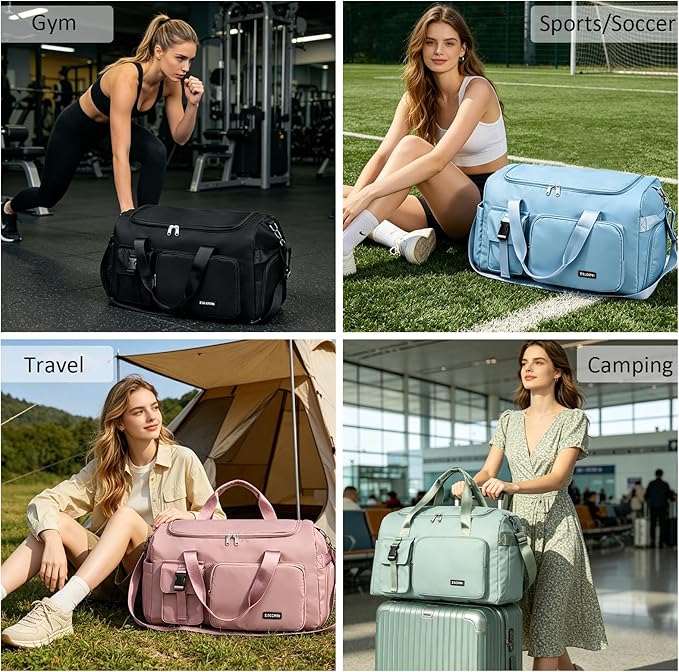 Eslcorri Gym Duffle Bag for Women Men, Sports Backpack with Wet & Shoe Compartment, Fitness Overnight Weekender Bag for Yoga, Swim, Travel (B, Light Blue)