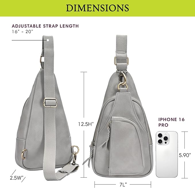 Antik Kraft Tasha Crossbody Sling (Grey) | Vegan Leather Crossbody Bag for Women with 16-20" Strap | Sling Bags for Women with Durable Antique Brass Hardware | 7in x 2.5in x 12.5in |