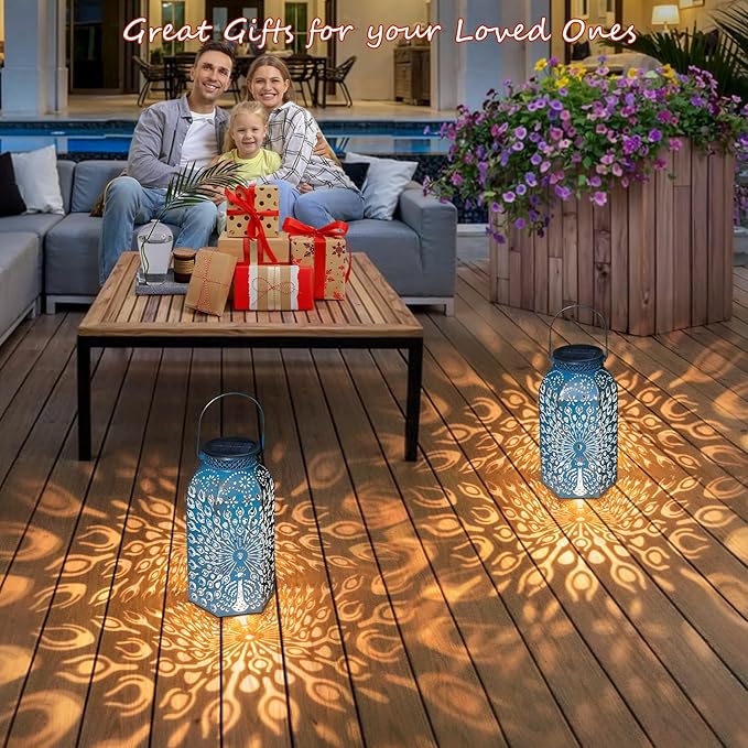 Outdoor Solar Lanterns Waterproof Peacock Garden Gifts Women Mom, Big Solar Lights, Garden Decor, Yard Art, Outside Birthday, Mothers' Day Birthday Gifts Grandma Grandpa(2Pack, Blue Gold