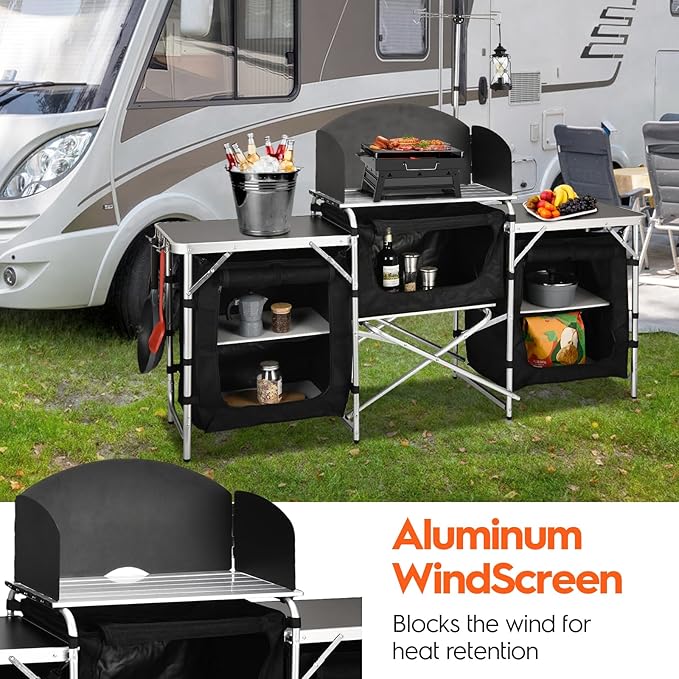 JOUYEK Cmaping KitchenTable, Aluminum Folding Camping Cook Station with Windshield, Upgrade Light Stand, Storage Bag, Quick Installation for Outdoor, Picnic, Cooking