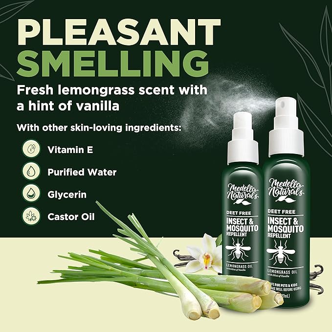 Deet-Free Insect & Mosquito Repellent 8oz – Nice Smelling Insect Repellent with Lemongrass Oil Safe for Pets and Kids – Bug Spray Against Mosquitoes, Gnats, Black Flies, No-See-ums, and Other Insect