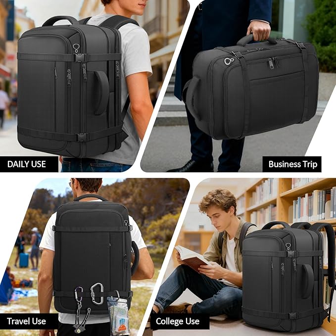 Ample Space Travel Backpack with LifetimeWarranty,Expandable Carry on Backpack with Cable Access Port,Fits 17.3"Laptop Notebook,Water Resistant Weekender Backpack Business Trips,Daily Travel,Black