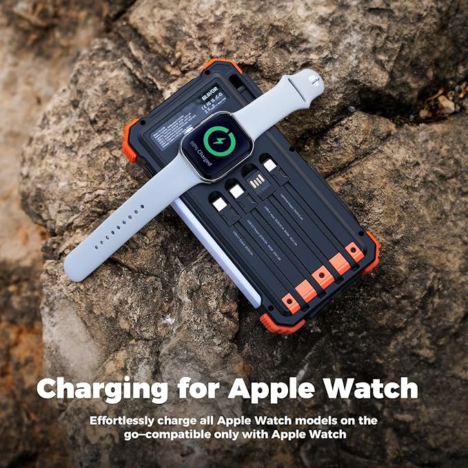 BLAVOR Solar Power Bank 20000mAh/74000mWh Built-in Cables, Wireless Charger for Apple Watch, 20W Fast Charging Battery Pack with USB C, Flashlight, Solar Charger for iPhone, iPad, iWatch, Samsung