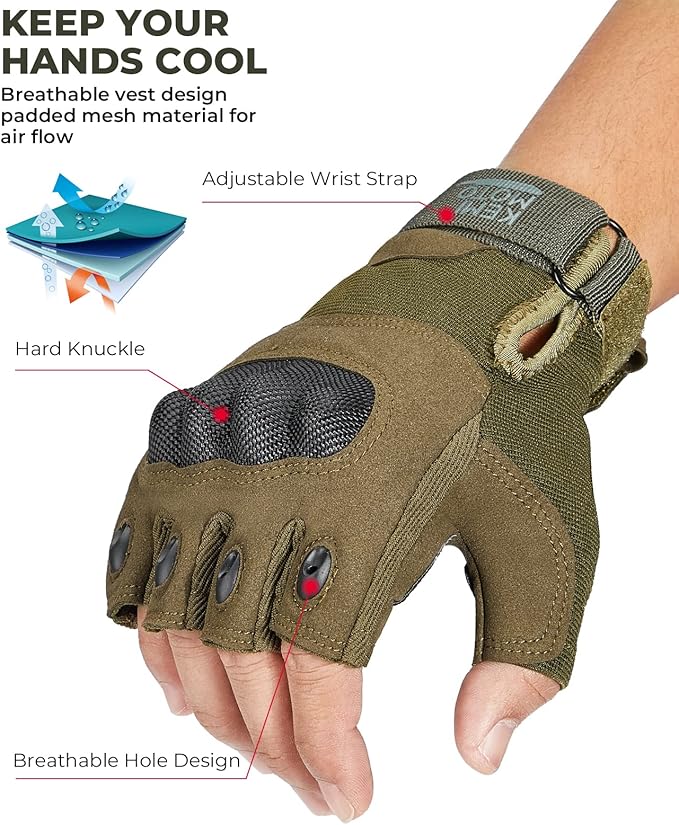 KEMIMOTO Fingerless Tactical Gloves for Men, Motorcycle Gloves for Outdoor Work Sports, Fingerless Cycling Gloves for Hunting Hiking Camping