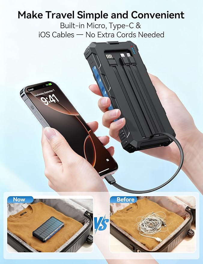 Solar-Charger-Power-Bank - 20000mah Solar Powered Battery Charger Cell Phone,20W Fast Charging Built in Cables,Camping Essentials Portable External Battery Pack Compatible with Multiple Devices