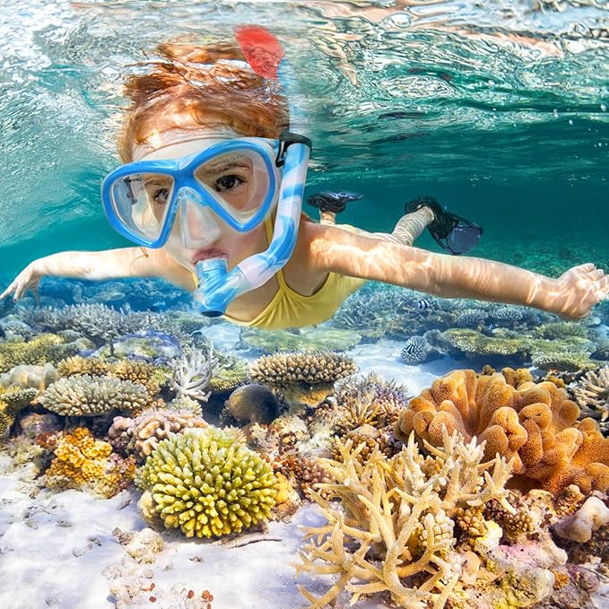 Kids Snorkel Set Dry Top Snorkeling Gear for Kids Youth Boys Girls Junior Age 5-15,Tempered Glass Swimming Diving Mask and Snorkel Set 180 Degree Panoramic View