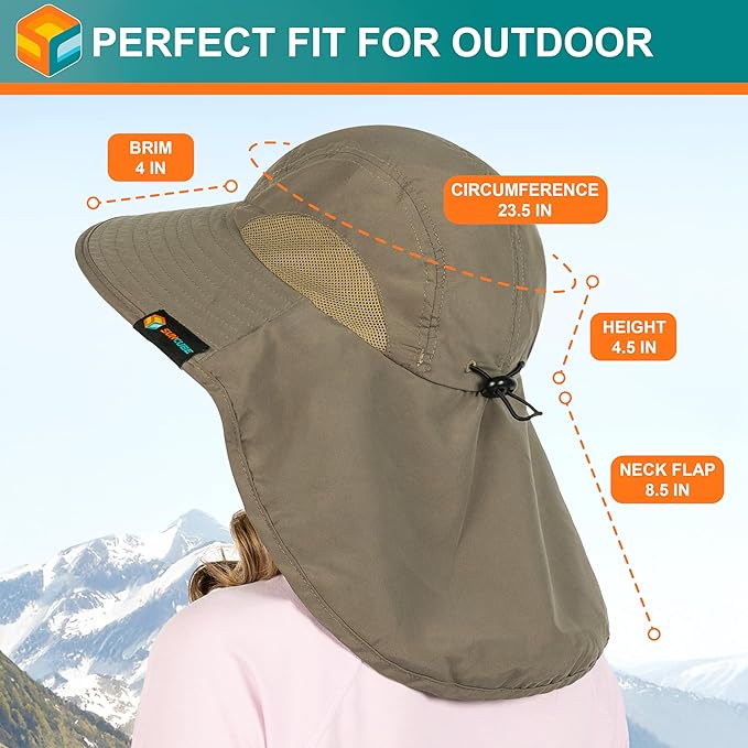 SUN CUBE Wide Brim Sun Hat with Neck Flap, UPF50+ Hiking Safari Fishing Hat for Men Women, Sun Protection Beach Hat