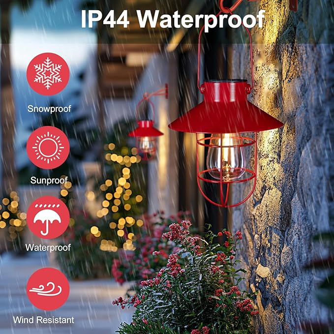 Solar Lanterns Outdoor Christmas Metal Solar Powered Hanging Lights Waterproof for Wall Barn Yard Garden Patio Garage Balcony Porch Fence Decor, Warm White Edison Bulb (Red-2pack)