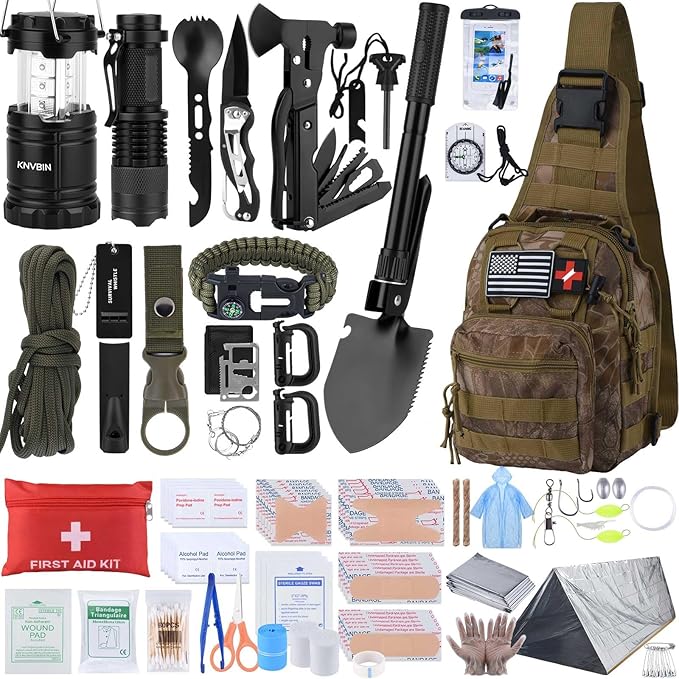 Survival Kit, 250pcs Survival Tools Tactical Gear and Trauma Bag, Survival First Aid Kit with Molle Crossbody Bag & Emergency Tent for Earthquake, Bug Out, Outdoor Adventure, Gifts for Christmas Men