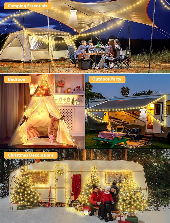 2Pack Camping String Lights, 4 in 1 Quick Storage 32.8FT Rechargeable Tent Lights with 6 Modes Hanging Waterproof Camp Lamp Camping Essentials for AwnTent Hiking Garden Bedroom Festival (Warm White)