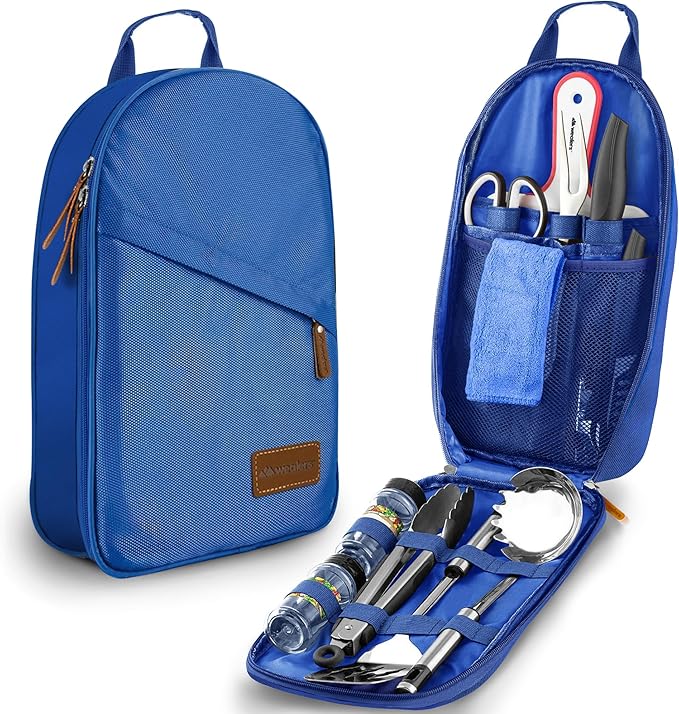 Camp Kitchen Cooking Utensil Set Travel Organizer Grill Accessories Portable Compact Gear for Backpacking BBQ Camping Hiking Travel Cookware Kit Water Resistant Case