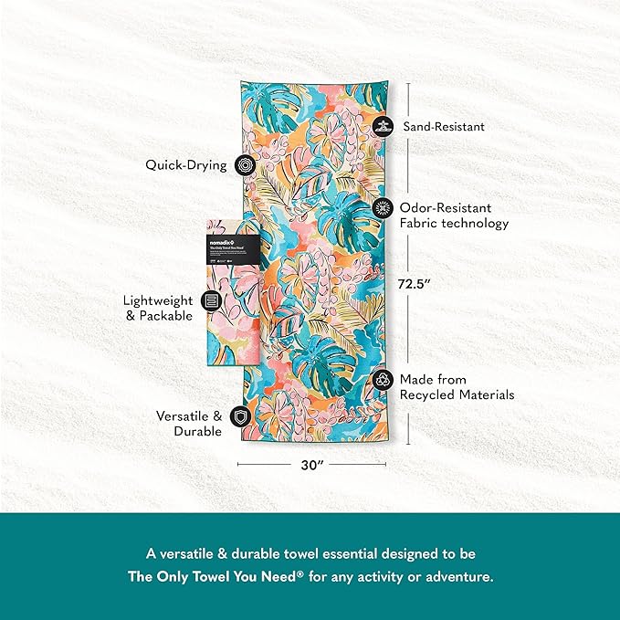 Nomadix Original Towel - Perfect for Beach, Pool, Travel, Camping, Yoga - Made with Recycled Materials - Super Absorbent - Sand Resistant - Jungle - 72.5x30
