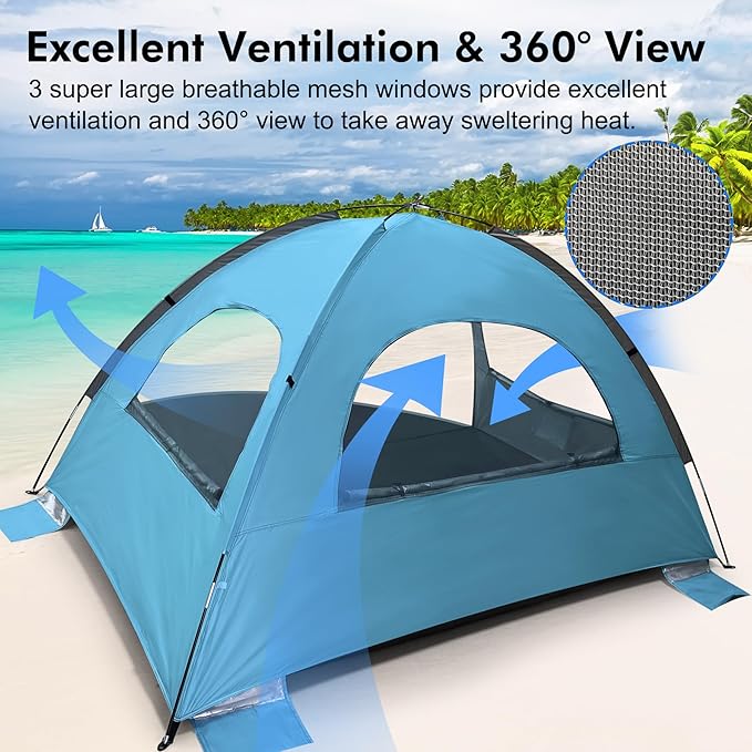 WhiteFang Beach Tent Anti-UV Portable Sun Shade Shelter for 3/4/6/8 Person, Extendable Floor with 3 Ventilating Mesh Windows Plus Carrying Bag, Stakes and Guy Lines