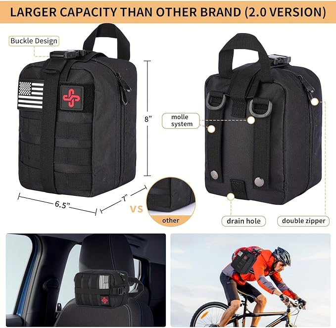 Survival Kit, 252Pcs Survival Gear First Aid Kit with Molle System Compatible Bag and Emergency Tent, Emergency Kit for Earthquake, Outdoor Adventure, Hiking, Hunting, Gifts for Men Women (Black)