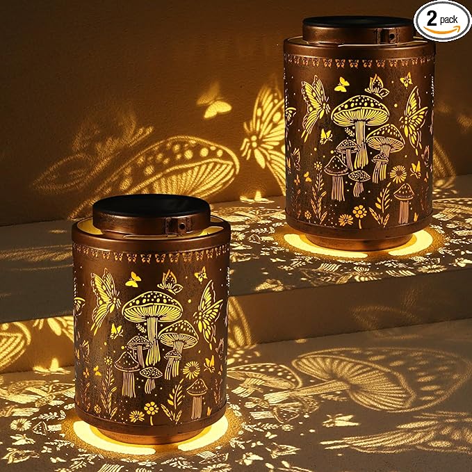 2 Pack Solar Lanterns Outdoor Waterproof Garden Decor Gifts for Women Mon Grandma Metal Hanging Solar Lights Decoration for Outside LED Lanterns for Yard Patio Lawn(Mushroom)