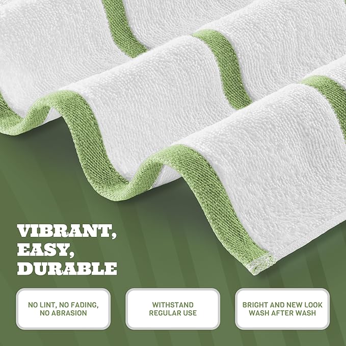 White Classic Cotton Pool Towels Oversized 35 x 70 Inches, Ultra Absorbent and Low Lint Striped Beach Towels for Adults, Stripes Design Luxury Extra Large Bath Towels, Green, 3 Pack