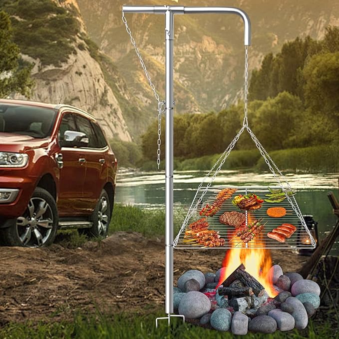 Stainless Steel Campfire Grill - Adjustable Height,360° Rotatable & Foldable Camp Fire Cooking Equipment,Heavy Duty Portable Outdoor Open Flame Grilling Rack for Camping