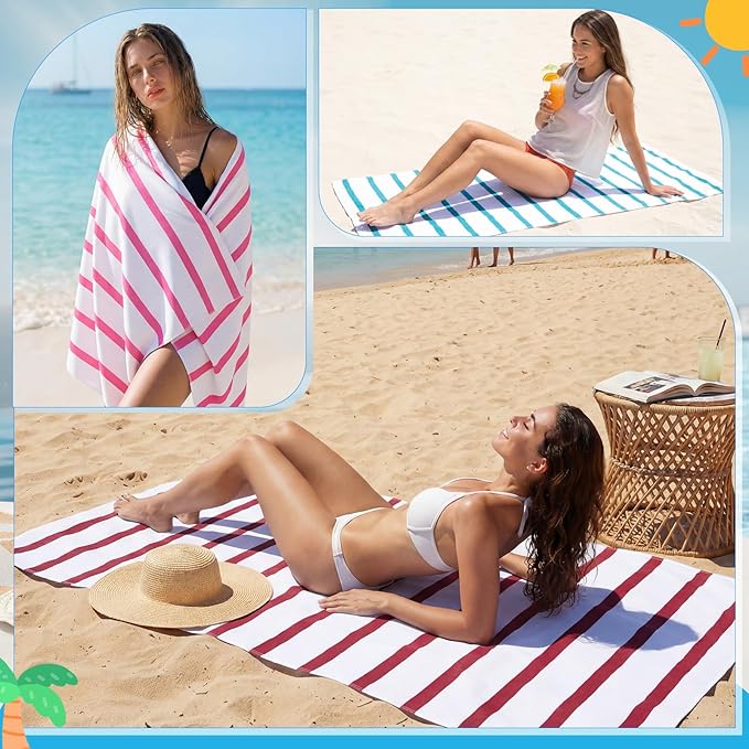 EBOOT 10 Pack Oversized Beach Towel Set Extra Large Pool Towels Microfiber Quick Dry Swim Blanket for Adult Women Men Face Hand Body Bath Travel Pool(Mixed Color,28 x 59 Inch,Classic Stripe)