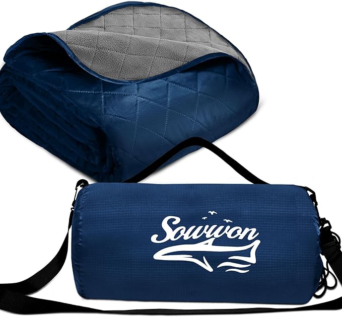 Waterproof Outdoor Blanket 82”X 55” Packable, Stadium Blankets for Camping with Quilted Fleece Lining, Large Windproof Emergency Throw Mat for Garss Picnic Hiking Road Trip, Machine Washable, Navy