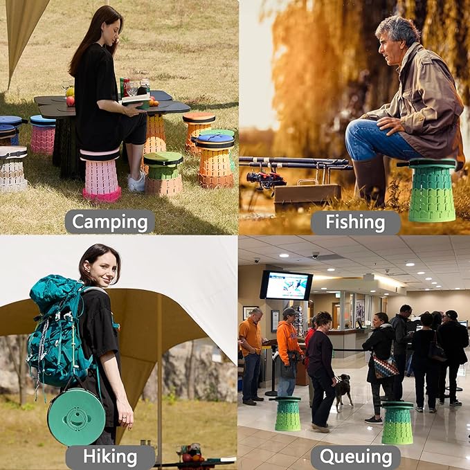 Upgraded XXL Collapsible Stool with Cushion,19.7"H-11.8"D Telescoping Folding Stool for Adults,More Sturdy Portable Camping Stools with Load Capacity 1000lbs for Outdoor,Garden,Fishing,Hiking