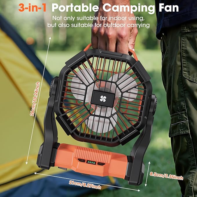 Deller 20400mAh Portable Rechargeable Fan, Tent Fan for Camping with LED Light & Hook, Battery Powered Fans for Beach Travel Treadmill Camping Gear