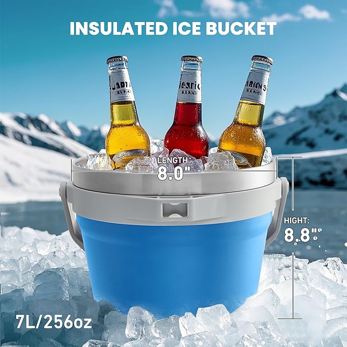 COKTIK 7L Vacuum Insulated Ice Bucket with Lid and Scoop& Tongs，Large capacity Stainless Steel Beverage Bucket for Cocktail, Champagne, Wine, Beer，Large Parties（Blue Suit）
