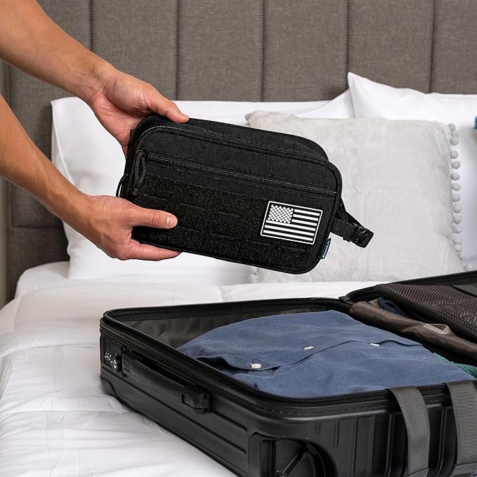 PAVILIA Tactical Toiletry Bag for Men, Travel Hygiene Bag, Military Gear Dopp Kit, Water Resist Molle Accessories Pouch, Mens Shaving Essentials, Gym Bathroom Shower Small Toiletries Tool EDC, Black