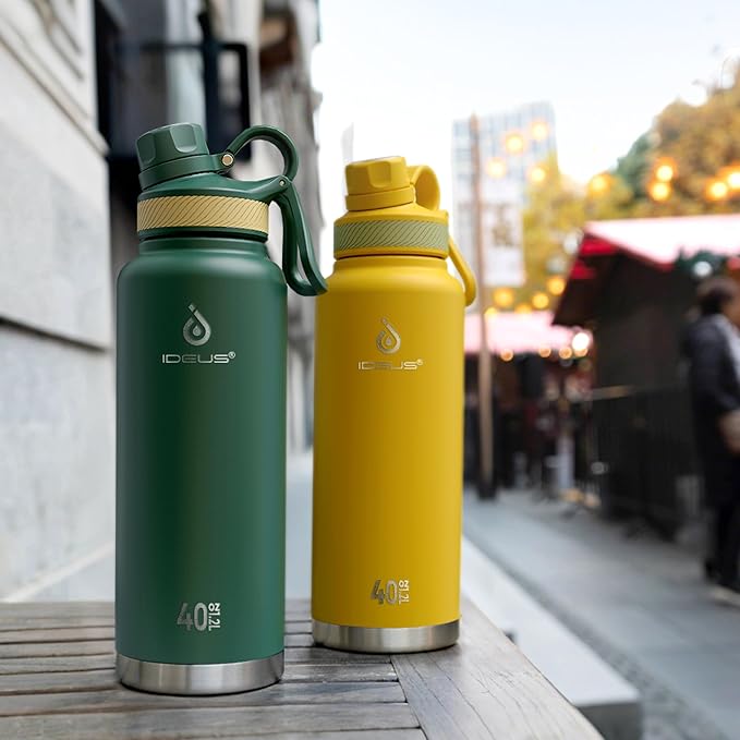 IDEUS Insulated Stainless Steel Water Bottle with 2 Leak-Proof Lids, Thermal Water Flask for Hiking Biking, 40oz, Bright Yellow