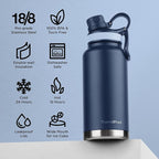 ThermoProof Double-Walled Vacuum Insulated Stainless Steel Water Bottle - Wide Mouth Canteen, Spout & Straw Lids, Dishwasher Safe, Reusable, Leakproof, Hot & Cold for Men, Women & Kids - 32oz, Navy