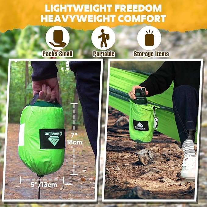 NATUREFUN Ultra-Light Travel Camping Hammock | 300kg Load Capacity,Breathable,Quick-Drying | 2 x Premium Carabiners,2 x Nylon Slings Included | Outdoor Indoor Garden