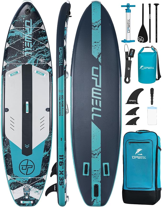 UPWELL 10'6"/11'/11'6" Inflatable Paddle Board, Stand Up Paddlboard for Youth & Adults, Stable Design, Premium SUP Accessories, Backpack, Leash, Hand Pump, Fins