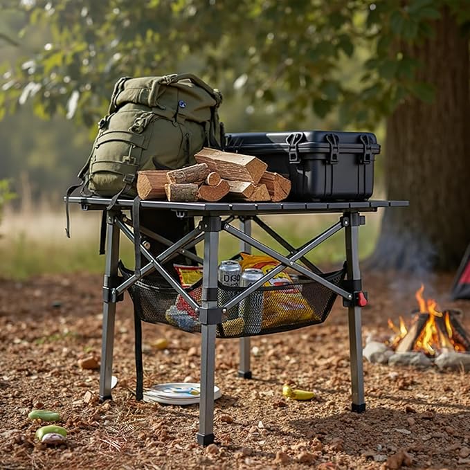 Folding Camping Table, Portable Lightweight Beach Tables for Sand Foldable, Aluminum Roll-up Folding Square Table for Outdoor Camping, Picnic, Card, Travel (Black with Storage Basket)