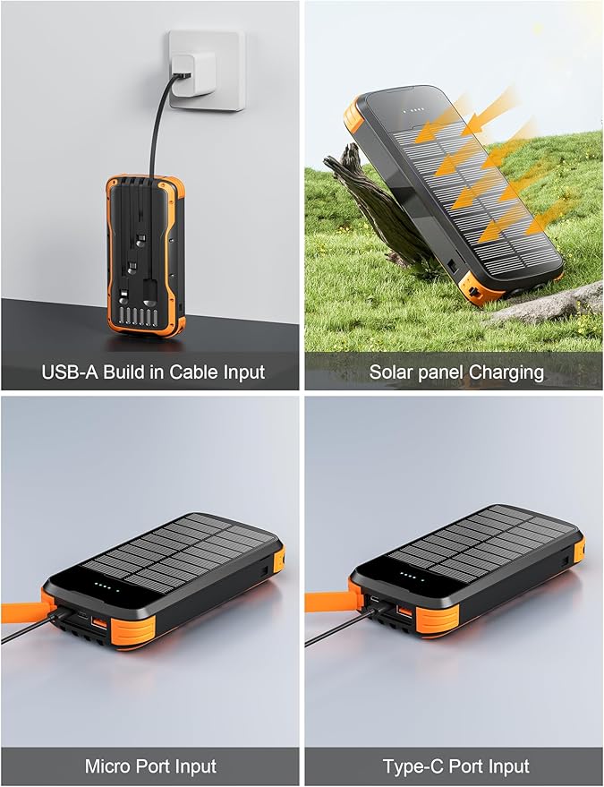 Solar Charger Power Bank, 40000mAh Portable Charger PD 20W Fast Charging Solar Power Bank Built in 4 Cables and USB-C in/Output, Camping Essentials External Battery Pack with Flashlights