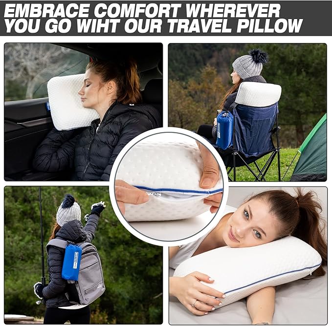 Travel & Camping Comfortable Memory Foam Pillow – Easy to Carry Portable Bag – Temperature Regulating Pillow Case - Perfect for Travelling (White)