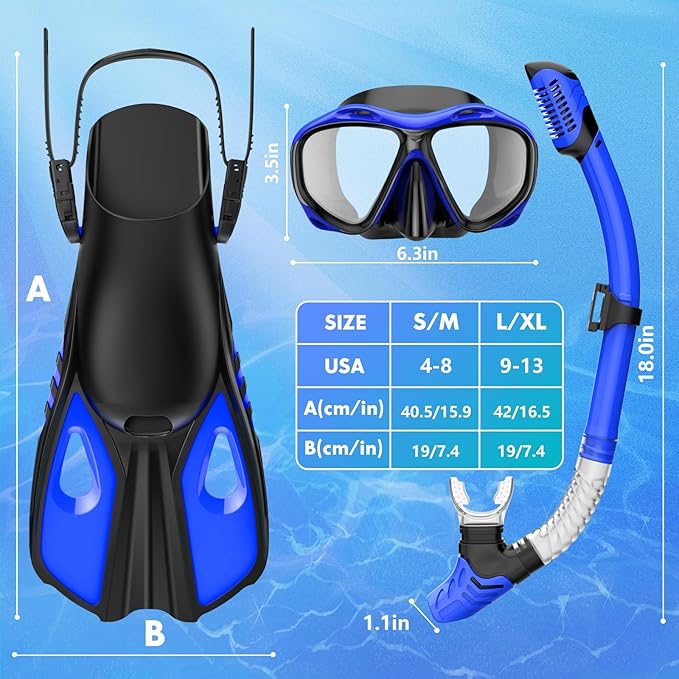 Snorkeling Gear for Adults Men Women, 3 in 1 Snorkel Set with Panoramic View Diving Mask Anti-Fog Anti-Leak, Snorkel Mask Dry Top Snorkel Fins for Swimming, Snorkeling and Travel Diving