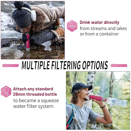 YWF01 Personal Filter Straw for Drinking Survival, Portable Water Purifier Filtration System Survival Gear and Supplies for Camping, Hiking, Travel, and Emergency Preparedness (Plum Red, Pack of 2)