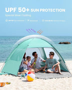 OutdoorMaster Beach Tent for 3/4 Person - Easy Setup Sun Shade Shelter, Portable Beach Shade Sun Canopy with UPF 50+ UV Protection, Removable Skylight Family Size